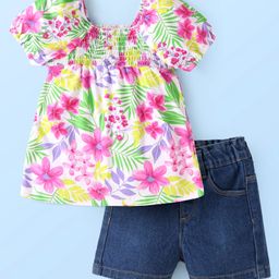Babyhug Single Jersey Knit Half Sleeves Floral Printed Top & Solid Denim Shorts Set - White & Blue-picture-12