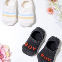 KIDLINGSS Cotton Pack Of 2 Boy Text Designed & Striped Anti Skid Loafer Socks - White & Grey-image-36