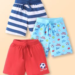 Babyhug Cotton Single Jersey Knit Striped Shorts With Ball Print Pack of 3 - Red & Blue-image-82