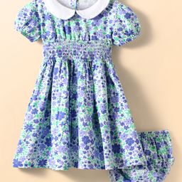 Babyhug Cotton Knit Half Puffed Sleeves Floral Printed Peter Pan Collared Frock with Bloomer & Smocking - Light Blue-image-35