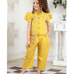 Lei-Chie Linen Half Puffed Sleeves Tassels Designed Top With Mirror Work Detailed Pant Set - Yellow-image-29