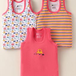 Bodycare Cotton Knit Sleeveless Vests With Stripes & Vehicle Print Pack Of 3 - Pink White & Orange-image-32