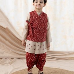 Tiber Taber 100% Cotton Full Sleeves Floral Printed Dhoti Kurta With Jacket Set - Maroon-image-83