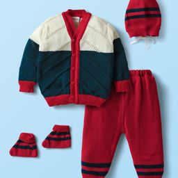 Babyhug Knit Front Open Striped & Color Block Front Open Sweater Set with Cap & Booties - Red & Navy Blue-picture-14