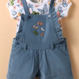 ToffyHouse 100% Cotton Knit Dungaree & Half Sleeves T-Shirt with Butterfly Print - Blue & White-image-71