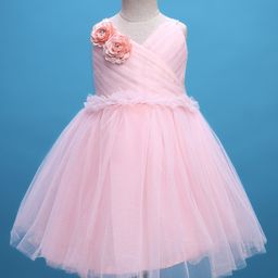 Enfance Sleeveless Floral Applique Bodice Pleated Knee Length Dress - Peach-image-19