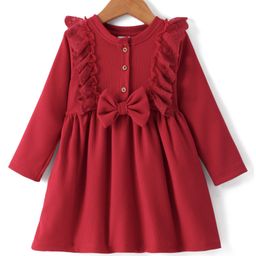 Mark & Mia Cotton Woven Full Sleeves Solid Color Frock with Lace Bow Applique & Frill Detailing - Dark Pink-picture-28