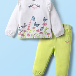Doodle Poodle 100% Cotton Full Sleeve Butterfly Printed Top & Lounge Pant Set - White & Lime Green-picture-43