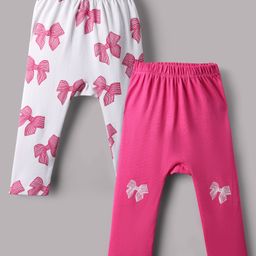 Bonfino Cotton Knit Full Length Diaper Leggings With Bow Print Pack Of 2 - White & Red-image-27