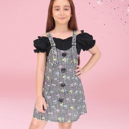 Cutecumber Cotton Woven Cold Shoulder Sleeves Checked & Bow Printed Pinafore Style Dress - Black-image-44