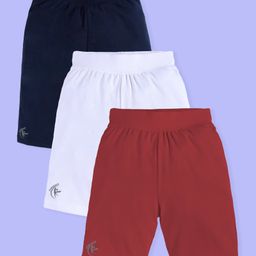 Kiddopanti Cotton Lycra Knit Pack Of 3 Brand Name Printed Cycling Shorts - White Navy Blue & Maroon-image-35
