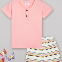 Sheer Love Cotton Jersey Knit Half Sleeves Striped Night Suit Set - Light Pink-image-91