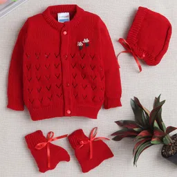 BUMZEE Full Sleeves Floral Embroidered Front Open Sweater With Cap & Booties - Red-picture-43