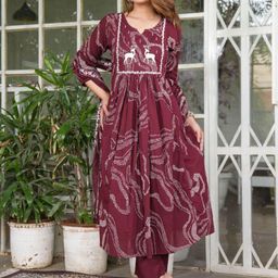 KALINI Women Animal Printed Cotton Anarkali Kurta with Trousers & Dupatta-37