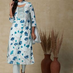KETAKI FASHION Floral Printed Mirror Work Straight Kurta With Trousers And Dupatta-picture-0