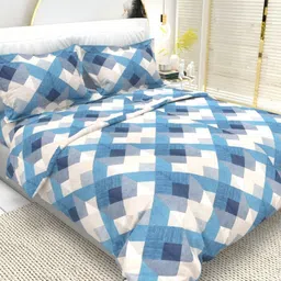 THE WHITE MOSS White & Blue 210 TC Queen Bedsheet with 2 Pillow Covers-image-0