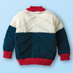 Babyhug Knit Front Open Striped & Color Block Front Open Sweater Set with Cap & Booties - Red & Navy Blue image 3