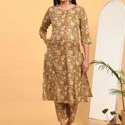 GOLDSTROMS Women Floral Printed Regular Pure Cotton Kurta with Trousers-image-83