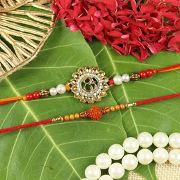 Asthetika Set Of 2 Artificial Stones Studded & Beaded Om Rudraksha Rakhis With Roli Chawal-16