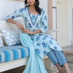 Janasya Women Floral Printed Regular Pure Cotton Kurta with Trousers & With Dupatta-42