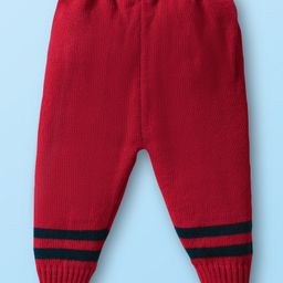 Babyhug Knit Front Open Striped & Color Block Front Open Sweater Set with Cap & Booties - Red & Navy Blue image 5