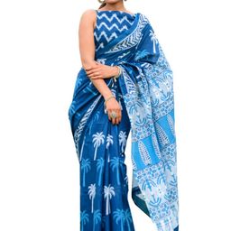 JALTHER Blue & White Floral Pure Cotton Block Print Saree-14