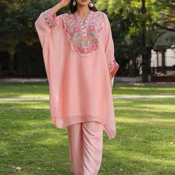 SCAKHI Floral Embroidered Organza Silk Kaftan Set-27