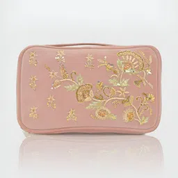 D'oro Peach & Gold Toned Self Design Velvet Makeup Organiser-58