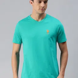 U.S. Polo Assn. Men Sea Green Solid Pure Cotton V-Neck Lounge T-shirt-picture-4