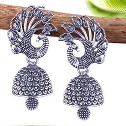 MEENAZ Set of 5 Silver-Plated Oxidised Peacock Shaped Jhumkas-image-114