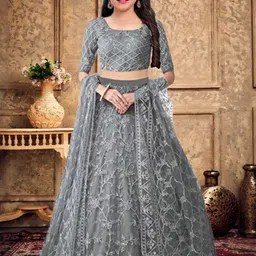 F Plus Fashion Girls Grey Net Semi-Stitched Lehenga Choli-image-23