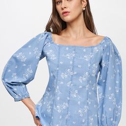 AND Blue Floral Puff Sleeve Chambray Regular Top-image-27