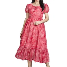 CORSICA Women Red Abstact Printed Fit & Flare Midi Dress-picture-15