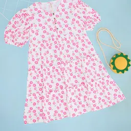 Pantaloons Junior Girls Floral Printed Puff Sleeve Pure Cotton A-Line Dress-picture-40
