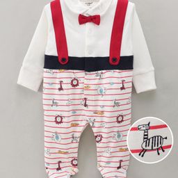 Cucumber Cotton Knit Full Sleeves Animal Printed Romper With Bow Applique - White & Red-24