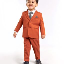 Babyhug Full Sleeves Stretch Fit Party Suit With Tie - Rust-image-78