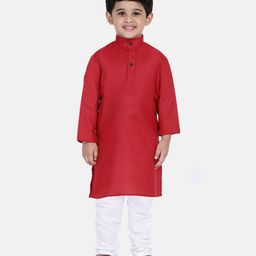 BownBee Full Sleeves Solid Kurta Pyjama Set - Red-image-2