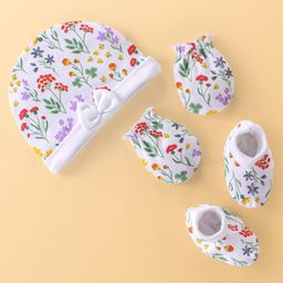 Babyhug 100% Cotton Knit Cap Mittens & Booties Set with Floral Print - White-image-93