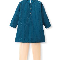 Babyhug Full Sleeves Schiflly Embroidered Kurta Pyjama Set - Teal-image-47