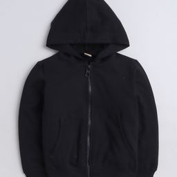 Aww Hunnie Full Sleeves Solid Front Zipper Hooded Cotton Terry Autumn Winter Sweatshirt - Black-picture-36