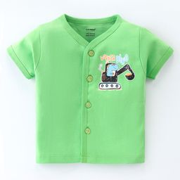 Cucumber Cotton Interlock Knit Half Sleeves Front Open Vests Construction Vehicle Print - Green-6