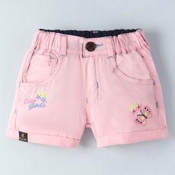 Olio Kids Cotton Above Knee Length Shorts with Text & Butterfly Embroidered - Pink-image-9