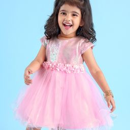 Babyhug Woven Cap Sleeves Party Dress With Sequin Detailing & Floral Corsage - Pink-image-77