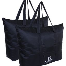 Kuber Industries Shopping BagFolding Travel BagPolyester Shopping Bag for GroceryCarrying Bag With Front Small PocketPack of 2,Black,-17
