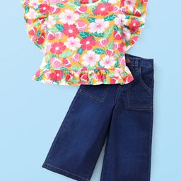 Babyhug Cotton Knit Flutter Sleeves Floral Printed Top & Wide Leg Denim Jeans Set - Multicolor-image-39