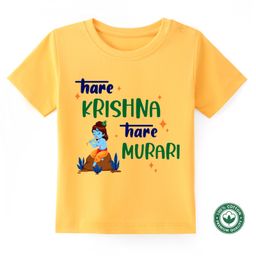 BLUSHES Janmashtami Theme 100% Cotton Hare Krishna Hare Murari Text Printed Tee - Yellow-image-24