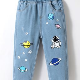 Kookie Kids Full Length Denim Jeans with Space Print - Blue-3