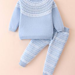 ToffyHouse Cotton Knitted Full Raglan Sleeves Sweater Set With Argyle Design - Light Blue-image-12