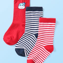 Cute Walk By Babyhug Cotton Knit Anti-Bacterial Ankle Length Socks With Stripe Design Pack of 3 - Red & Navy Blue-image-58