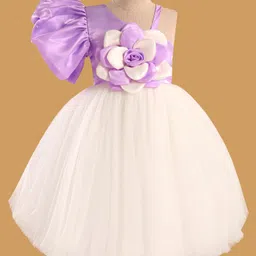 Enfance One Shoulder Floral Applique Flared Dress - White-picture-5